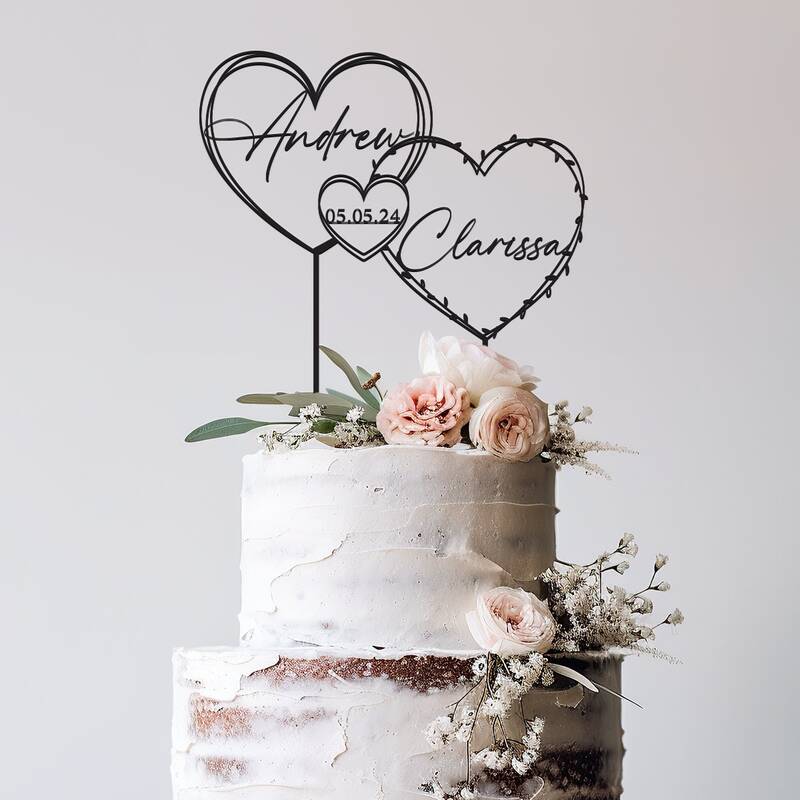 Topper per torta d'oro con cuori per decorazioni per torta con data di nozze nome personalizzato e data Cake topper anniversario Cake topper