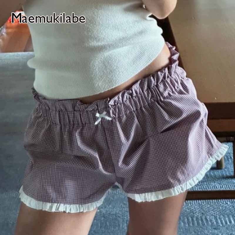 Maemukilabe Y2K pantalones cortos a cuadros Vintage, bóxer de cintura elástica con lazo, ropa de calle Retro, pantalones cortos con volantes, trajes Kawaii