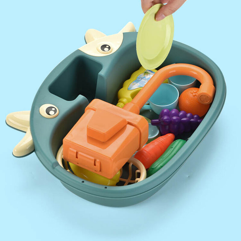 Zestaw zabawek kuchennych dla dzieci symulacja dla dzieci zagraj w zlew z owocami i zastawkami zabawki elektryczny System rowerowy na płynącą wodą
