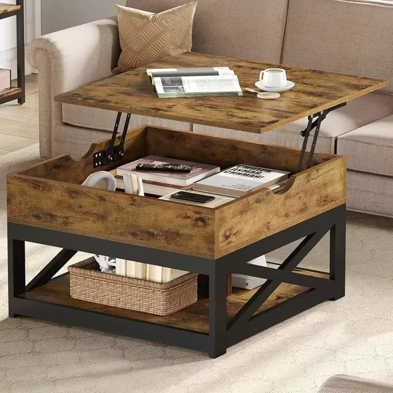 Table basse relevable marron rustique de luxe, table basse en marbre avec double rangement, tables basses pour salon, meubles de salle à manger