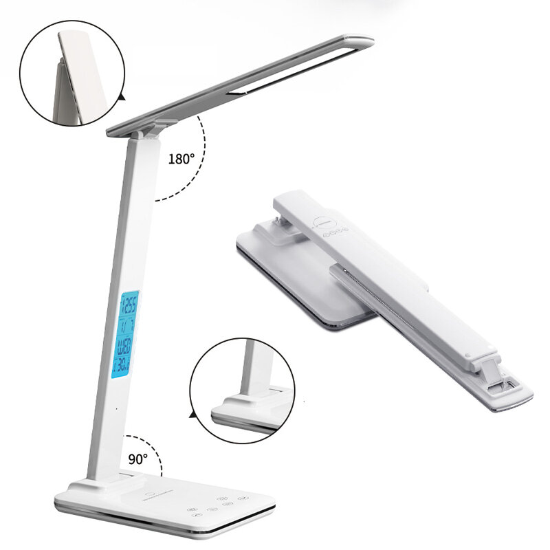 USB Folding Leitura Desk Lamp, Plug-In Desk Lamp, 15W, Carregamento do telefone móvel sem fio com o tempo, Quarto Escritório, Eye Protection Light