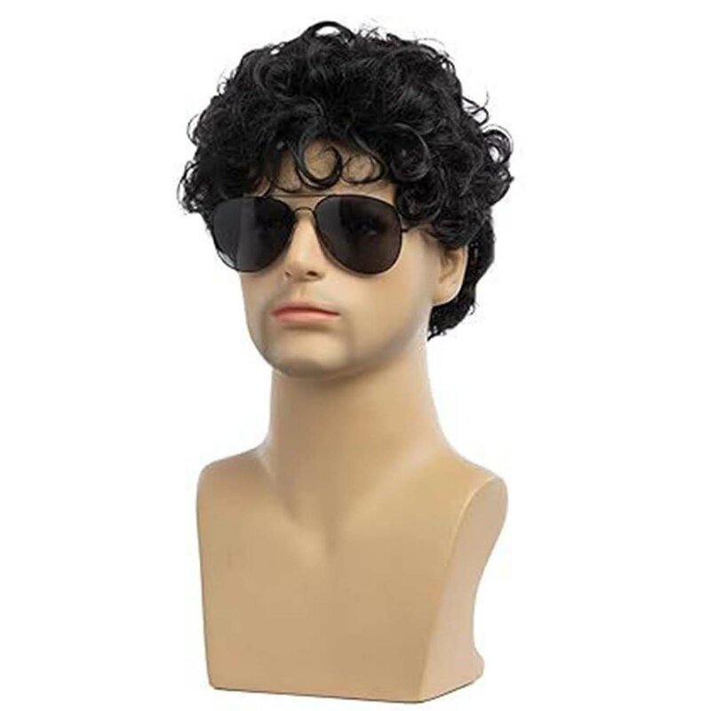Men Synthetic Short Black Wigs with Bangs for Man Curly Hair Fluffy Daily Heat Resistant Breathable Male Wig