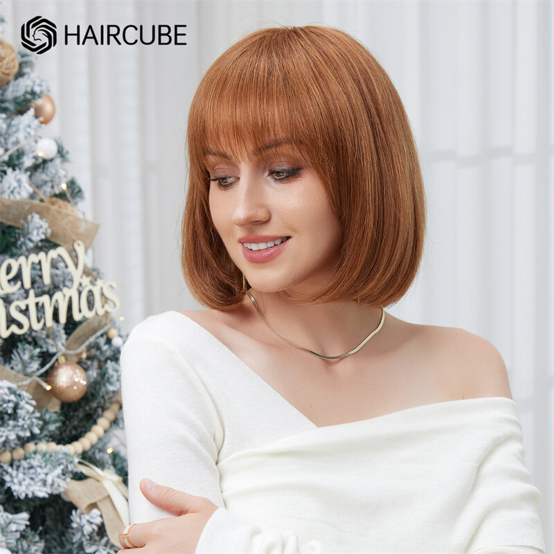 HAIRCUBE-Peluca de cabello humano con flequillo, postizo corto y liso, color cobre y jengibre, resistente al calor