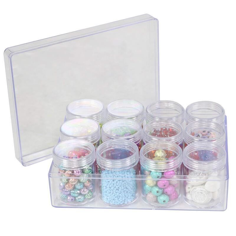 Kotak penyimpanan manik plastik 21814 dengan 12 stoples yang dapat dilepas & Stackable-penyimpanan pengatur bening untuk manik-manik besar, kecil, Mini, kecil
