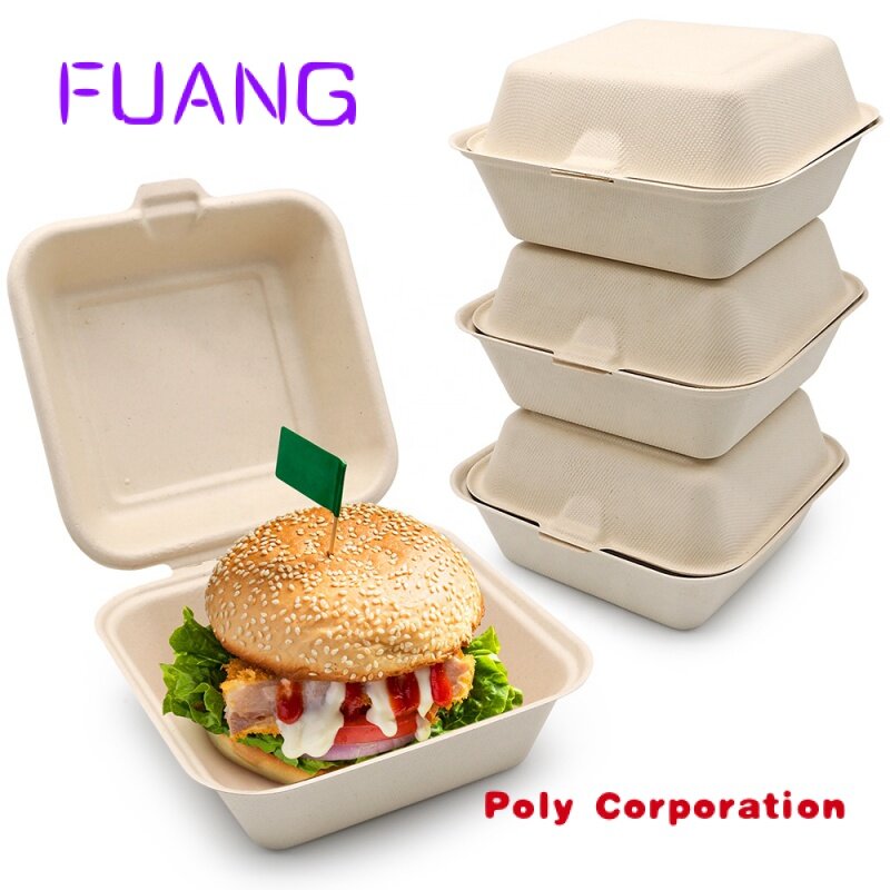Personalizado 6x 6 Polegada Take Away Almoço Embalagem Fast Food Container Biodegradável Clamshell Bagasse Hamburger Cana Burger Box