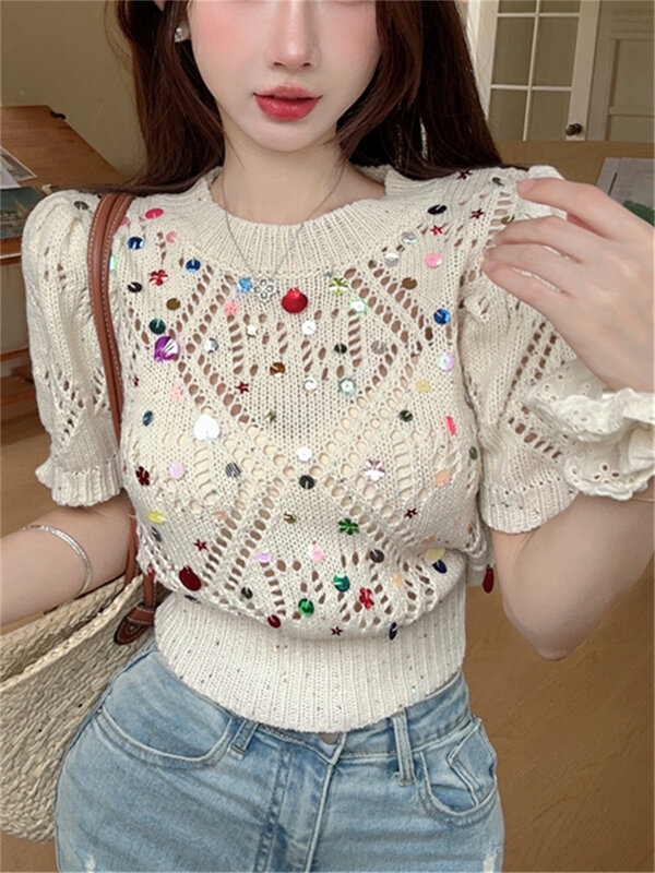 PLAMTEE Summer Hollow Out Sweet Sweaters Tees Women 2024 Casual Knitted Chic Pullovers Fashion Loose Office Lady Gentle