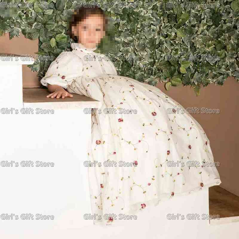 Ricamo Tulle Flower Girl abiti per matrimonio Puffy Balloon Sleeve Pricness Pageant Birthday Dress High Neck Girl Dresses