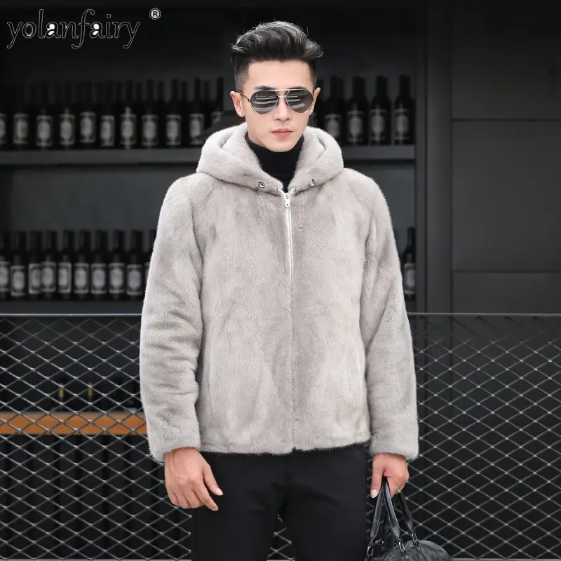 男性用の毛皮のフード付きコート,本物の毛皮のコート,短い,ベルベットの全体,暖かい服,冬
