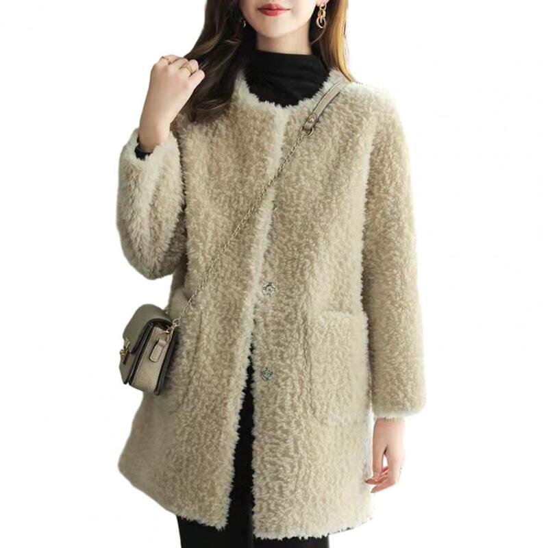 Cardigã térmico luxuoso feminino, manga comprida, à prova de vento, gola redonda, jaqueta bolsos, casaco de inverno