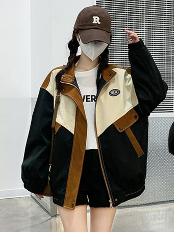 Куртка Женская бейсбольная контрастная в стиле хип-хоп с длинным рукавом