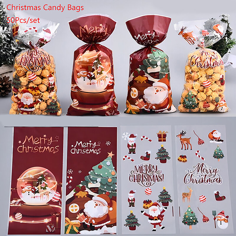 Bolsas de dulces de Navidad, 50 piezas, bolsa de regalo de Papá Noel, decoraciones navideñas, bolsas de regalo de Navidad, galletas de Navidad, suministros de embalaje 2023
