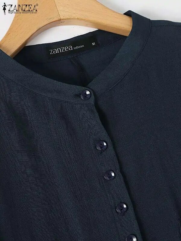 ZANZEA Vintage jednokolorowa bluza kobiety na co dzień solidne koszula do pracy lato O dekolt 3/4 rękaw bluzy w całości zapinana na guziki koszulka stylowe topy tunika