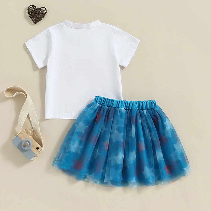2024-03-27 lioraitiin Kids Girls Summer 4th of July Outfit Short Sleeve Embroidery Letters T-shirt with Stars Tulle Skirt Set