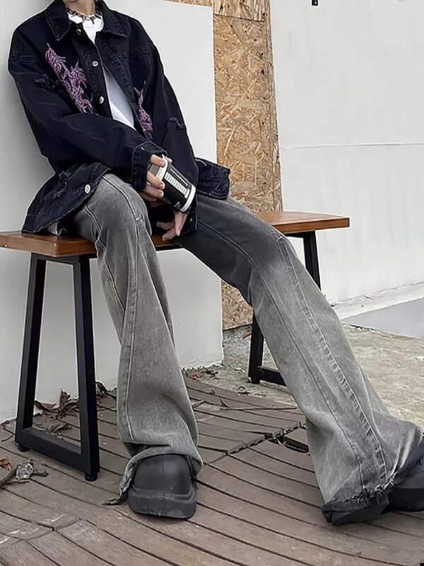 Джинсы мужские расклешенные с необработанными краями, винтажные брюки полной длины в европейском стиле, в стиле High Street, шикарные классические, рок, улучшенные, для зрелых и молодых людей, весна-осень