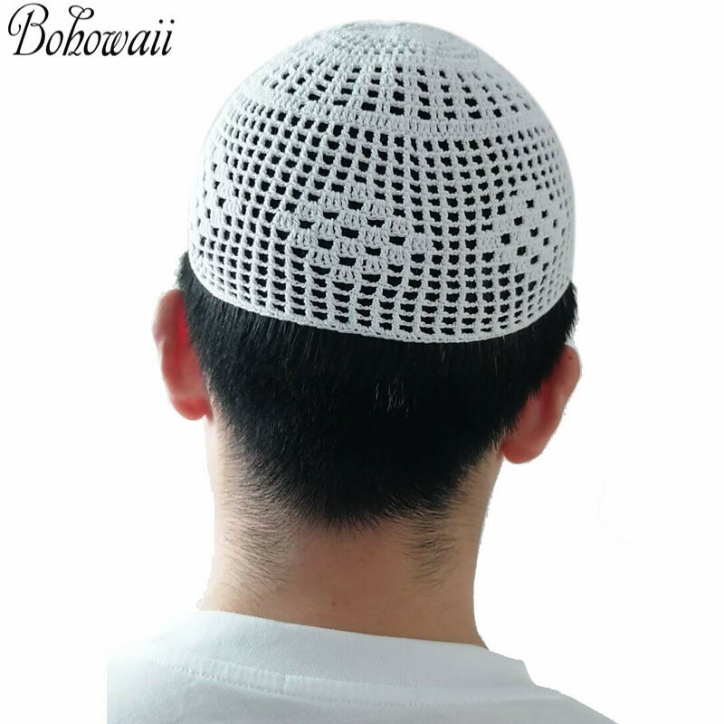 BOHOWAII Islam Homme czapki modlitewne oddychające kapsle Kippa Musulman Homme bawełniane czapka z czaszkami szydełkowa czapka Kufi muzułmańskie czapki dla mężczyzn