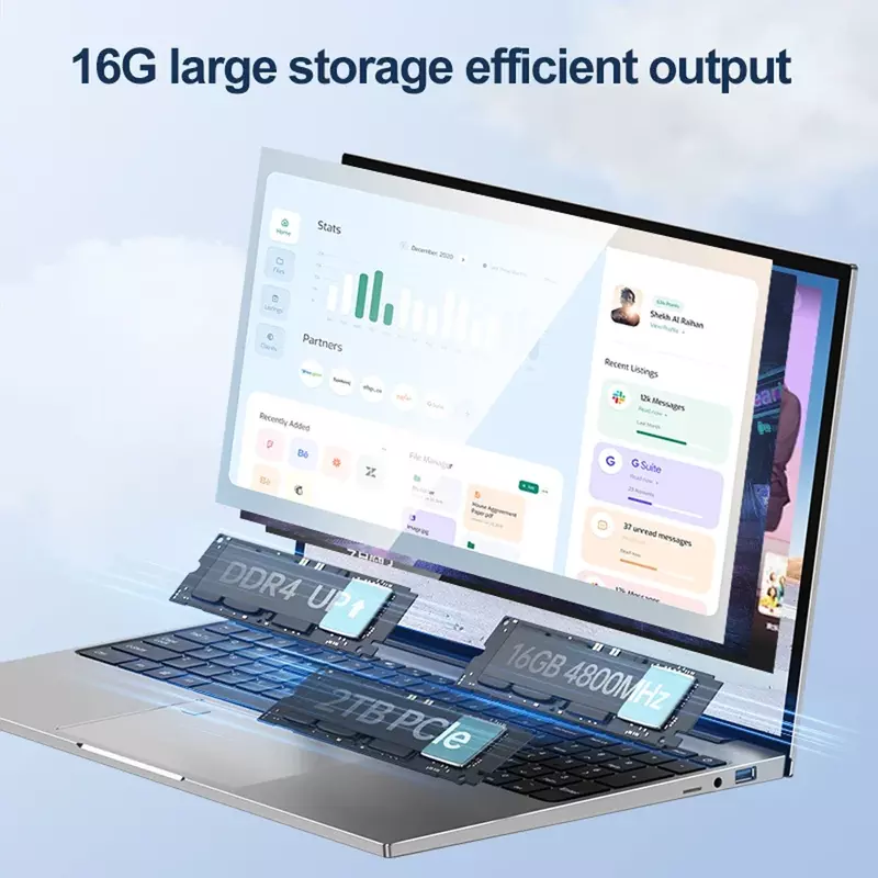 Laptop Intel Windows 11, sistem 16 inci 2K layar HD RAM 16G SSD 2TB N5095 mouse keyboard 0.3S Buka kunci komputer dengan sidik jari