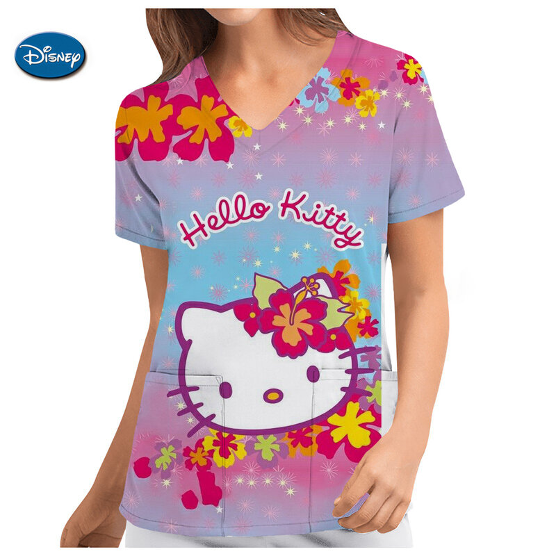 Hello Kitty-Uniforme d'infirmière à manches courtes pour femmes, haut médical 256, poche imprimée Kuromi, travail trempé, clinique