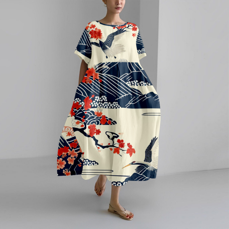 Sommerkleid 2024 Kran Print Strand kleider Luxus stilvolle übergroße Kleid Frauen Mädchen beliebte Kleidung Party Vestido elegante Robe