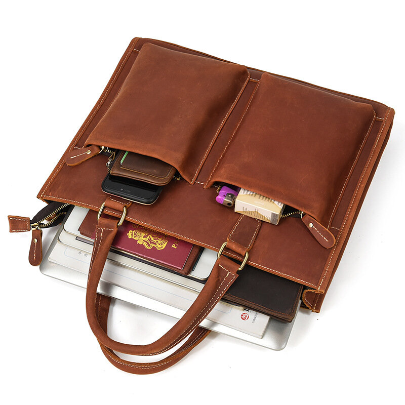 Genuine Leather Crazy Horse Briefcase Bag For Men Cowhide Luxury Vintage Executive Office Handbag Tote Business Shoulder  Bag