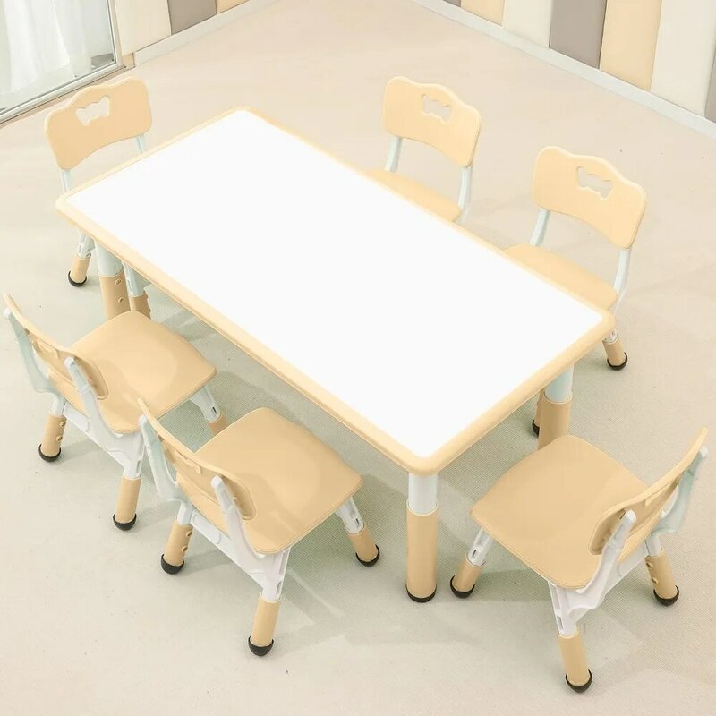Children's Table and Chair Set Suitable for Adjustable Desktop Spray Tables Aged 2-12, Comes with 6 Seats (Wood Color)