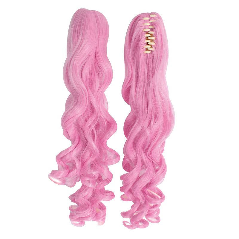 코스튬 여성 긴 곱슬 로리타 그립 가발, 더블 포니테일, 빅 웨이브 라이트 핑크, 애니메이션 풀 헤드