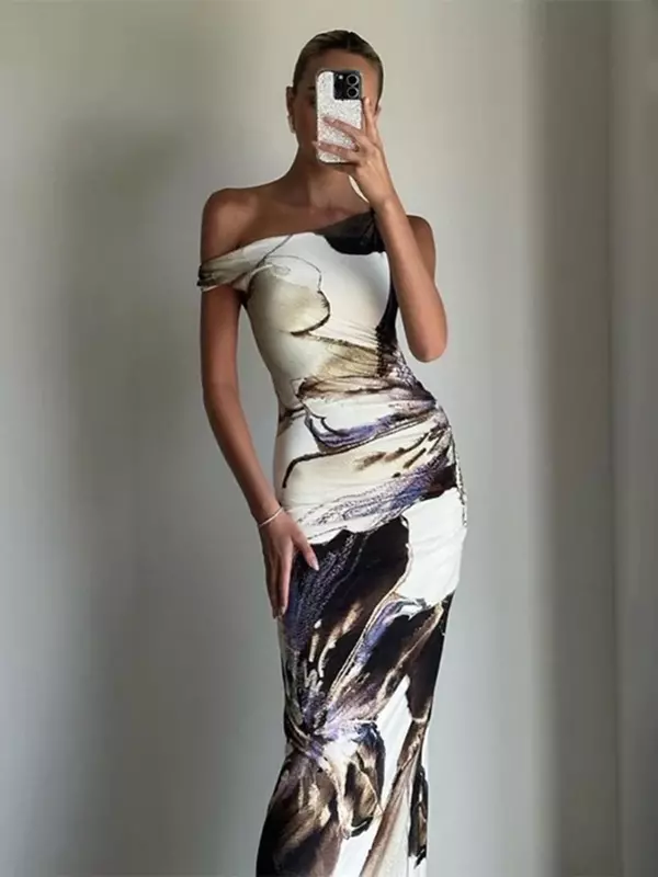 Vestido maxi com estampa diagonal feminina, magro, sexy, envoltório de quadril, sem mangas, moda verão, banquete Lady Beach, corpo longo