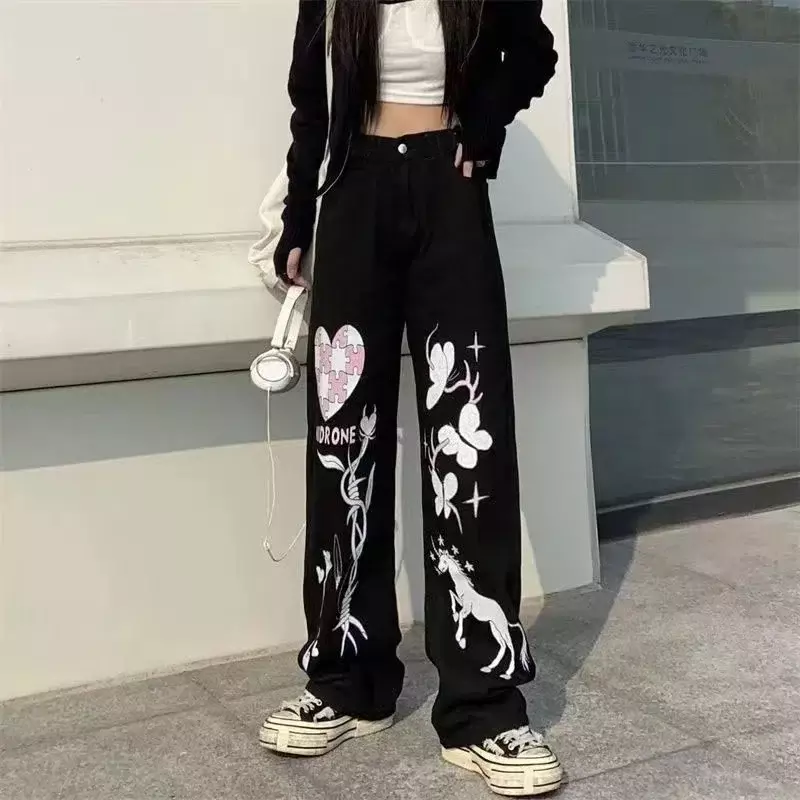 Punk Street Y2K Clothing Gothic Skull Print Jeans Mid Waist Wide Leg Pants 90's Retro Women's Trousers Baggy Jeans Women