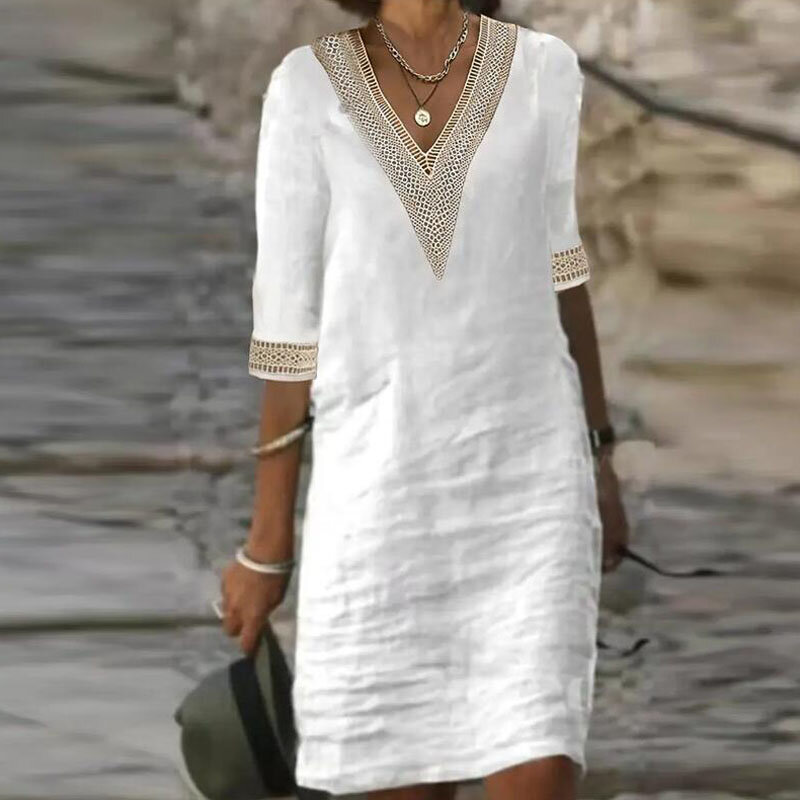 Платье женское хлопково-льняное с V-образным вырезом, пикантный элегантный роскошный Повседневный Однотонный сарафан средней длины, белая уличная одежда, Y2k, лето 2023