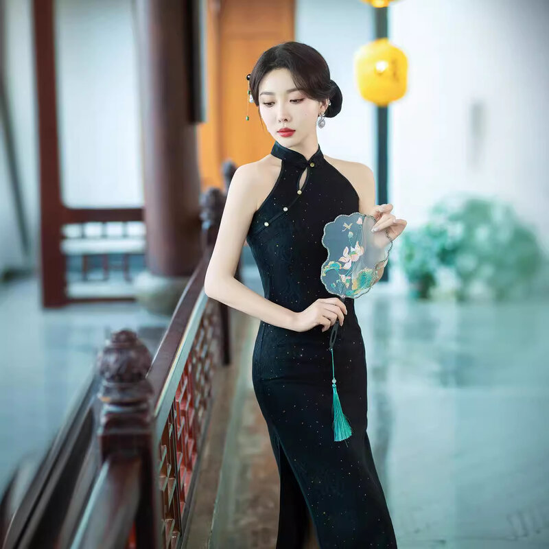 Summer Lace New Chinese Qipao Dress Halter Dress miglioramento Off spalla Sexy senza maniche Qipao