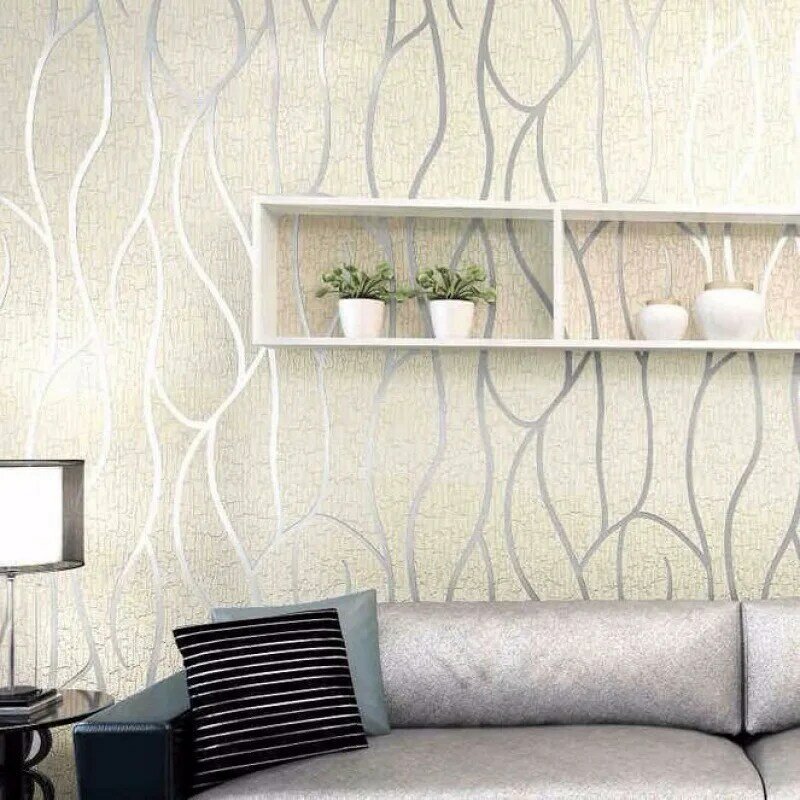 Papel tapiz de fondo de dormitorio moderno europeo 3D no tejido a prueba de humedad, rayas curvas, engrosadas pegatinas de pared, 53cm