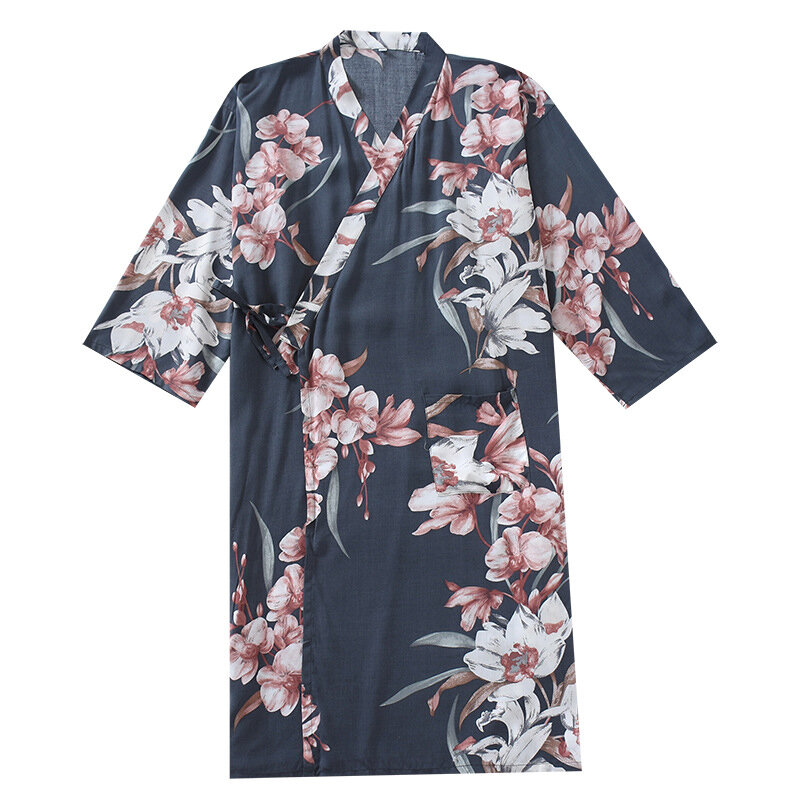 Japanese Thin Kimono Pajamas Spring Summer Cardigan V-Neck Lace-up Home Wear Women Printed Three-quarter Sleeved Nightgown