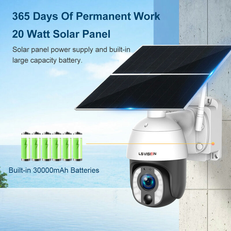 LS VISION 태양광 보안 카메라, 4K 8MP, 20 배 줌, 24/7 시간 녹화, 4G/WiFi 자동 추적, 30000mAh 배터리 카메라, 20W 패널