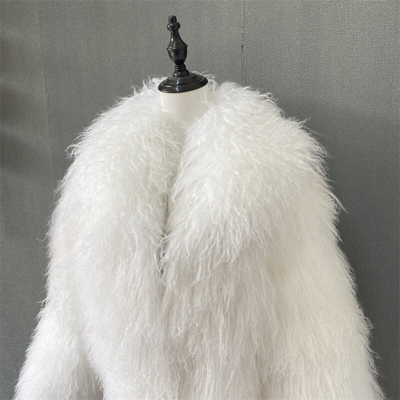 Futra mongolskie futra płaszcz z klapami damskie elegancki biały puszyste mocno poszerzone ciepłe długie rękawy płaszcze zimowe szykowne Oversize Lady