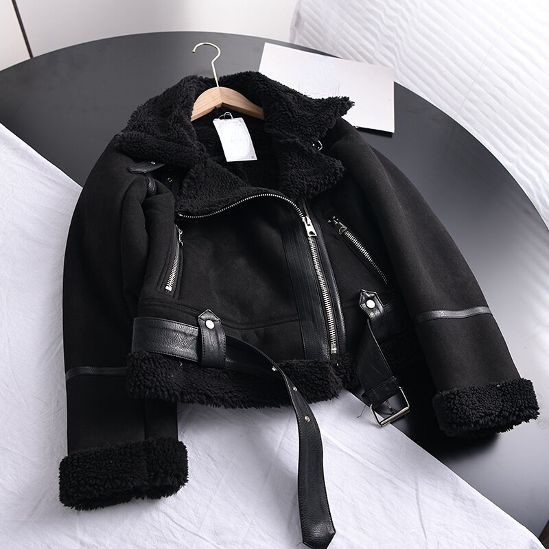 2022 inverno feminino grosso quente camurça jaqueta de cordeiro curto da motocicleta marrom casacos falso shearling pele carneiro jaquetas de couro outwear