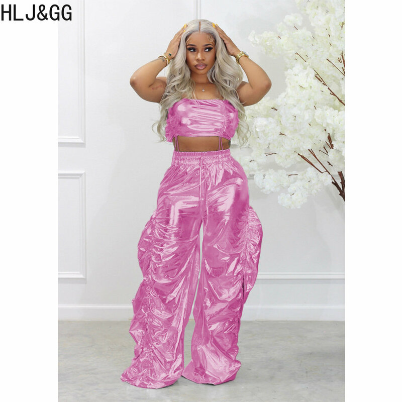 HLJ&GG Fashion Streetwear Women Off Shoulder Sleeveless Crop Top + Pants Two Piece Sets Female Solid Color 2pcs Outfits 2023 New