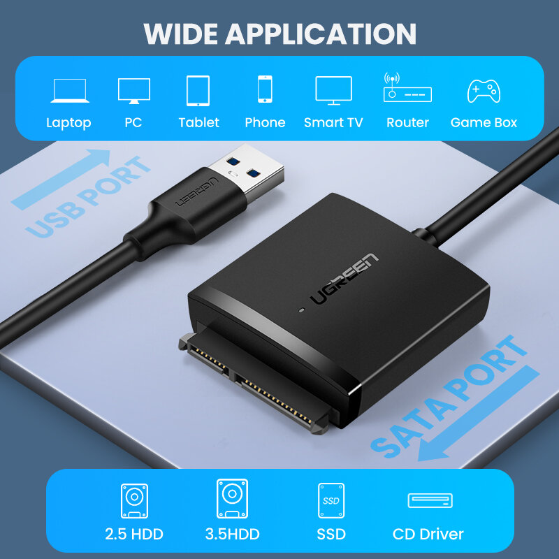 UGREEN-SATA para adaptador USB, USB 3.0, 2.0 para conversor de cabos Sata 3, cabo para 2.5, 3.5 HDD, SSD, disco rígido