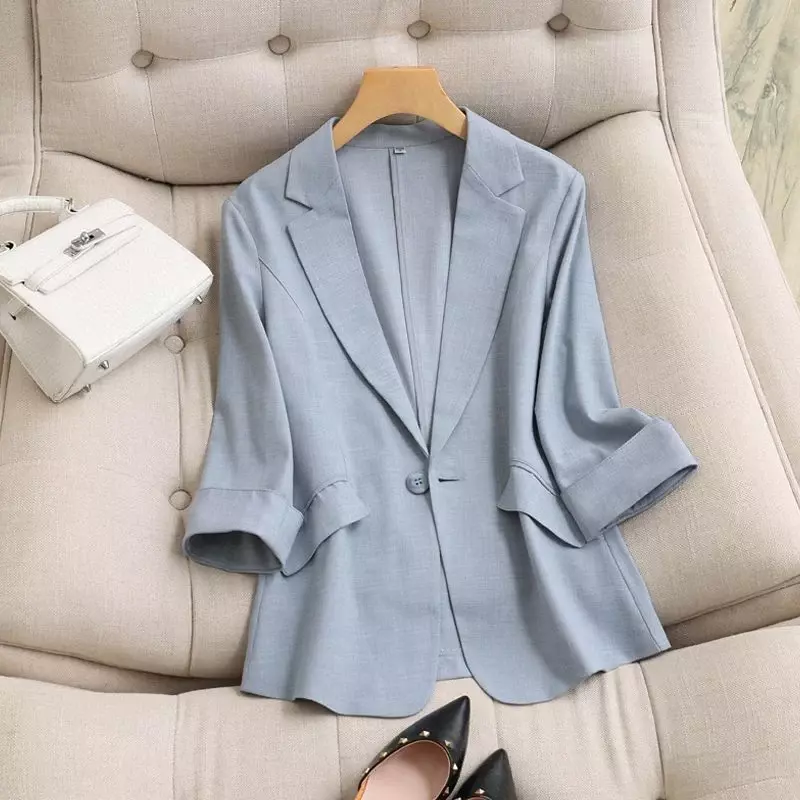 Blazer monocromático de ajuste fino feminino, jaqueta de outono, botão único, terno solto, bolsos casuais, reto, casaco formal de senhora do escritório, D44, moda