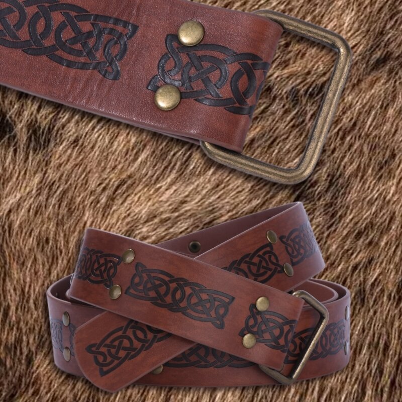 Nordics PU Leather Knight Belt Vintage Embossed Buckles Belt Medievals Belt Renaissances PU Leather Rings Belt H58D