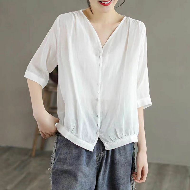 Summer Women's 2024 Summer Splicing V-Neck Button Folds Fashion Casual Loose Solid Color Elegant Versatile Short Sleeve Shirts