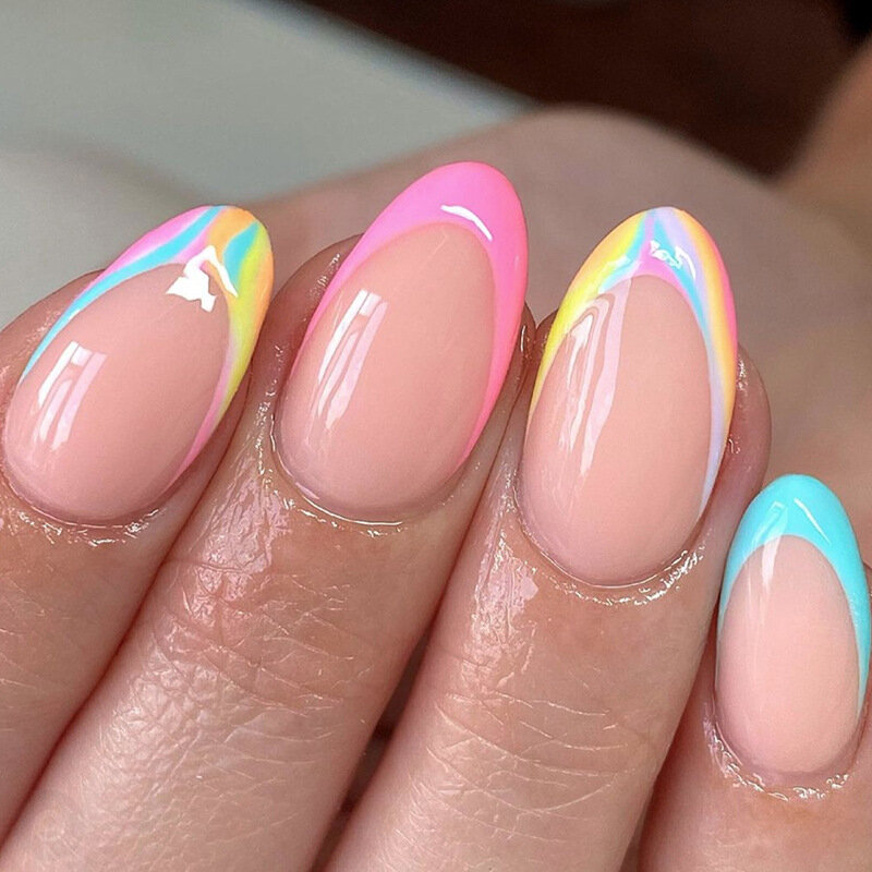 24 sztuki migdałowe Aurora francuskie sztuczne paznokcie biała krawędź projekt sztuczne paznokcie sztuka pełne pokrycie wodoodporna sztuczna prasa na paznokciach