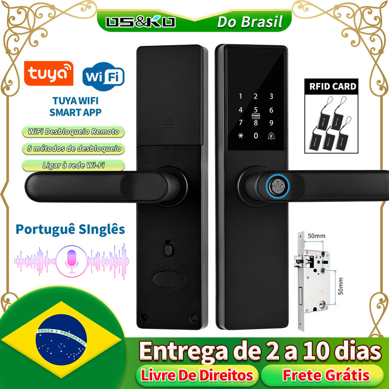 Brasil Tuya ตัวล็อคประตูแบบอิเล็กทรอนิกส์ระบบ WIFI ทำงานร่วมกับระบบล็อคอัจฉริยะระบบดิจิทัลรีโมทแอปปลดล็อคล็อคล็อคประตูแบบดิจิตอล2024ใหม่