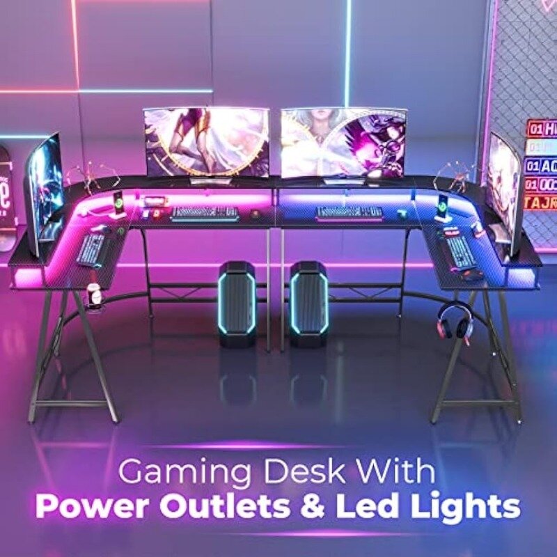 L Shaped Desk Gaming Desk with LED Lights & Power Outlets, Computer Desk with Monitor Shelves, Home Office Desk Corner Desk