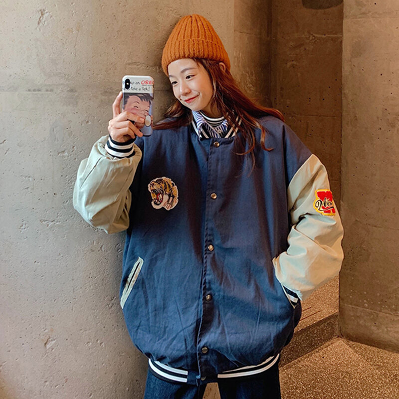 New Spring And Autumn Coat Student Women's Short Round Neck Panel Jacket Single Breasted Blue Embroidery Casual Baseball Fashion