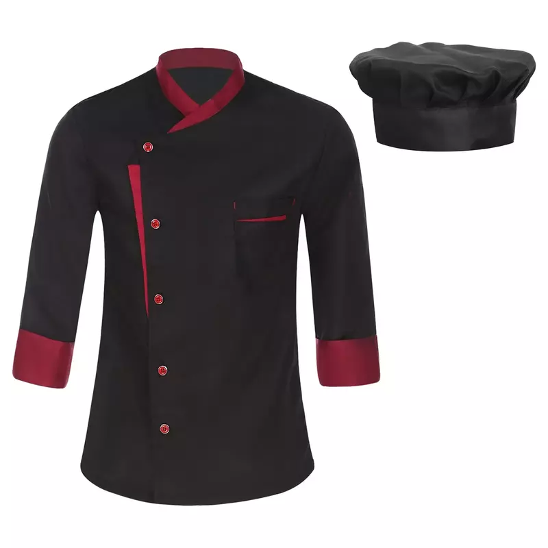 Camicia per cappello da cibo con maniche a contrasto Cosplay cucina lunga con cappotto da Hotel Unisex giacca da lavoro uomo cucina ristorante Chef colore uniforme
