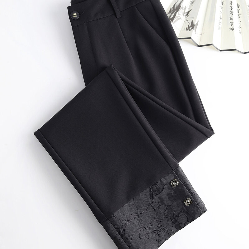 Pantalones informales de cintura media para mujer, ropa de estilo coreano, bordado de metal, nueve puntos, envío gratis, novedad de 2024