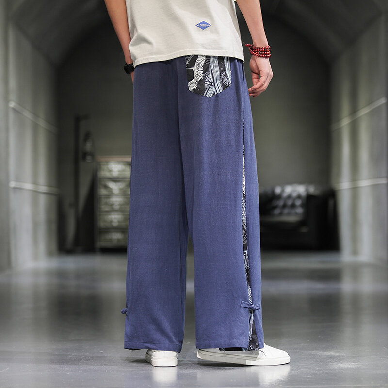 Celana lebar kaki Cina, celana kasual gaya nasional pria, celana Kung Fu tradisional