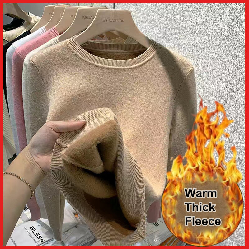 Plus Velvet Thicken Warm Chic Sweaters for Women's Winter O-neck Slim Knitted Tops Casual Plush Fleece Soft Elegant Clothes