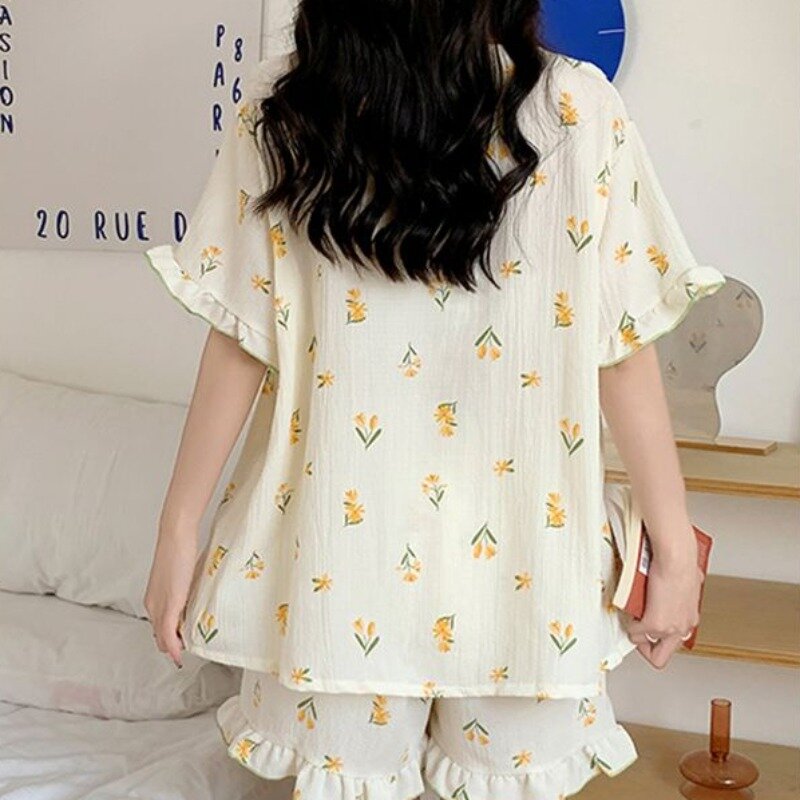 Pyjama Sets Vrouwen Zomer Lieve Meisjes Mooie Ruches Strik Bedrukt Ontworpen Koreaanse Stijl M-4XL Comfortabele V-Hals Kanten Patchwork