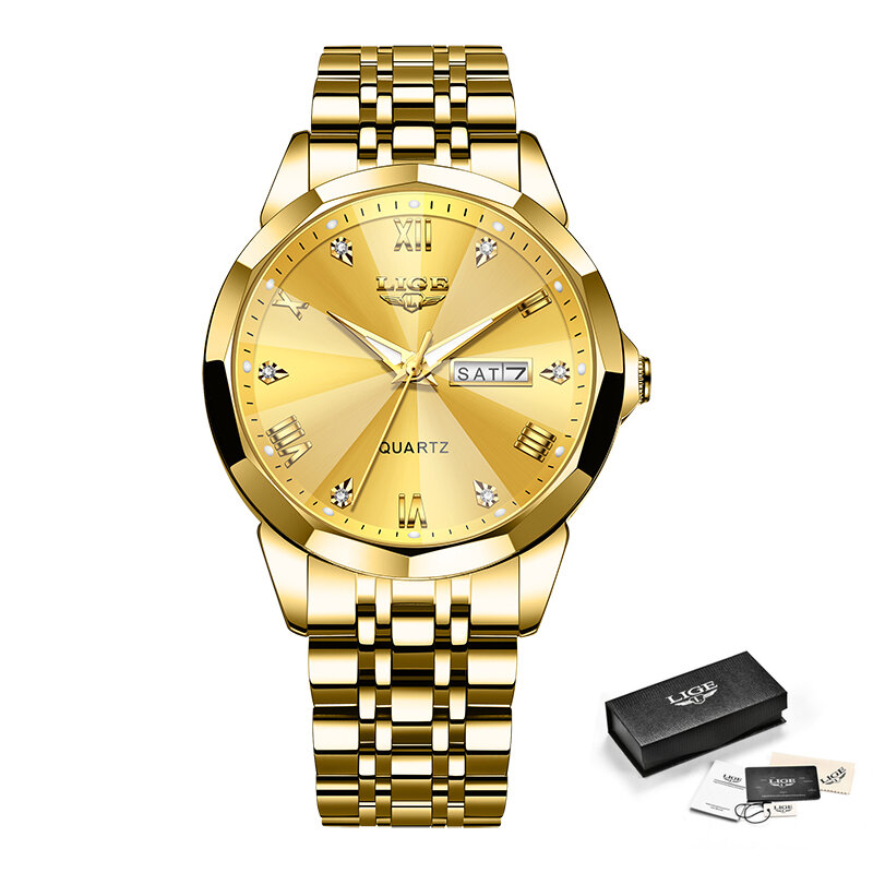 LIGE-Relógio militar masculino de aço inoxidável, Relógio de pulso masculino, Impermeável, Banda de luxo, Data, Grande