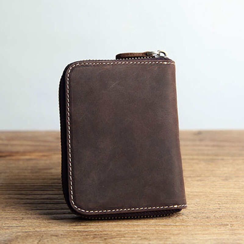 Portefeuille en cuir véritable pour homme, petit sac à main court, poche avec porte-cartes, pièce de monnaie, cheval, fermeture éclair, vintage, elin